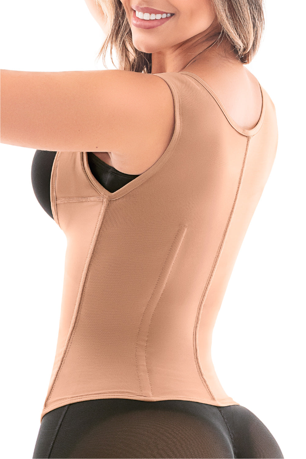 '- Cinturilla tipo chaleco SMI2029 con espalda alta y broches
- Vista frontal con varillas moldeadoras y compresión abdominal
- Prenda reductora con 4 niveles de ajuste y diseño ergonómico