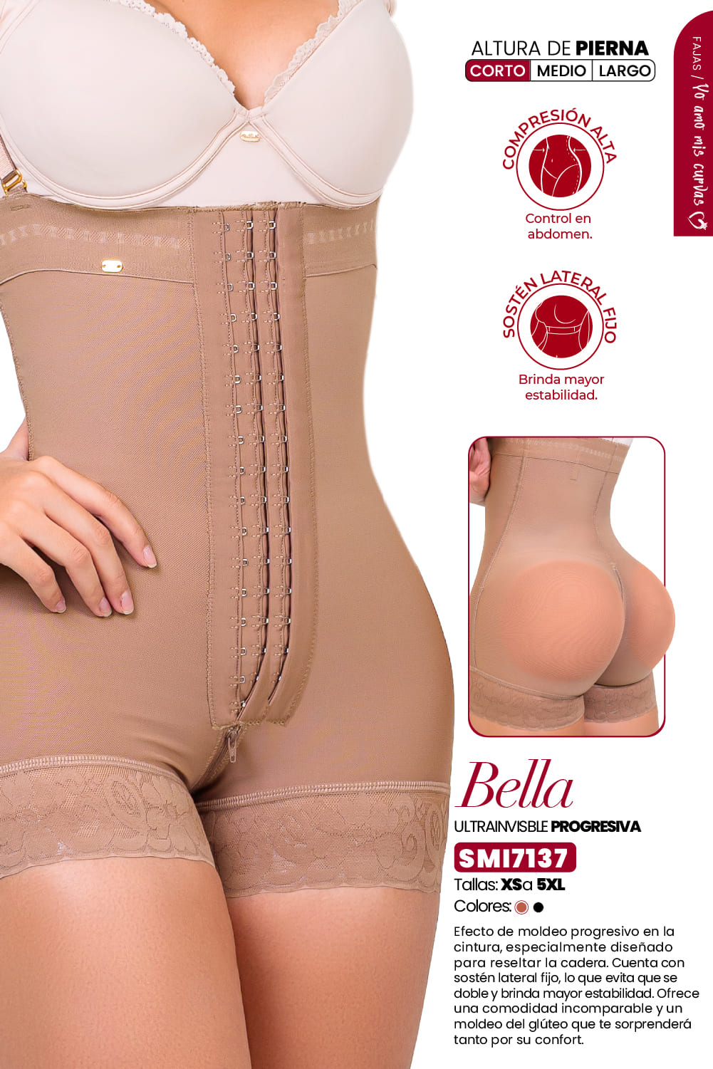 - Faja SMI7137 corta strapless con efecto lifting y 3 niveles de ajuste
- Detalle del soporte lateral y broches progresivos de la faja SMI7137
- Vista posterior con diseño Ultrainvisible y panty de regalo incluido