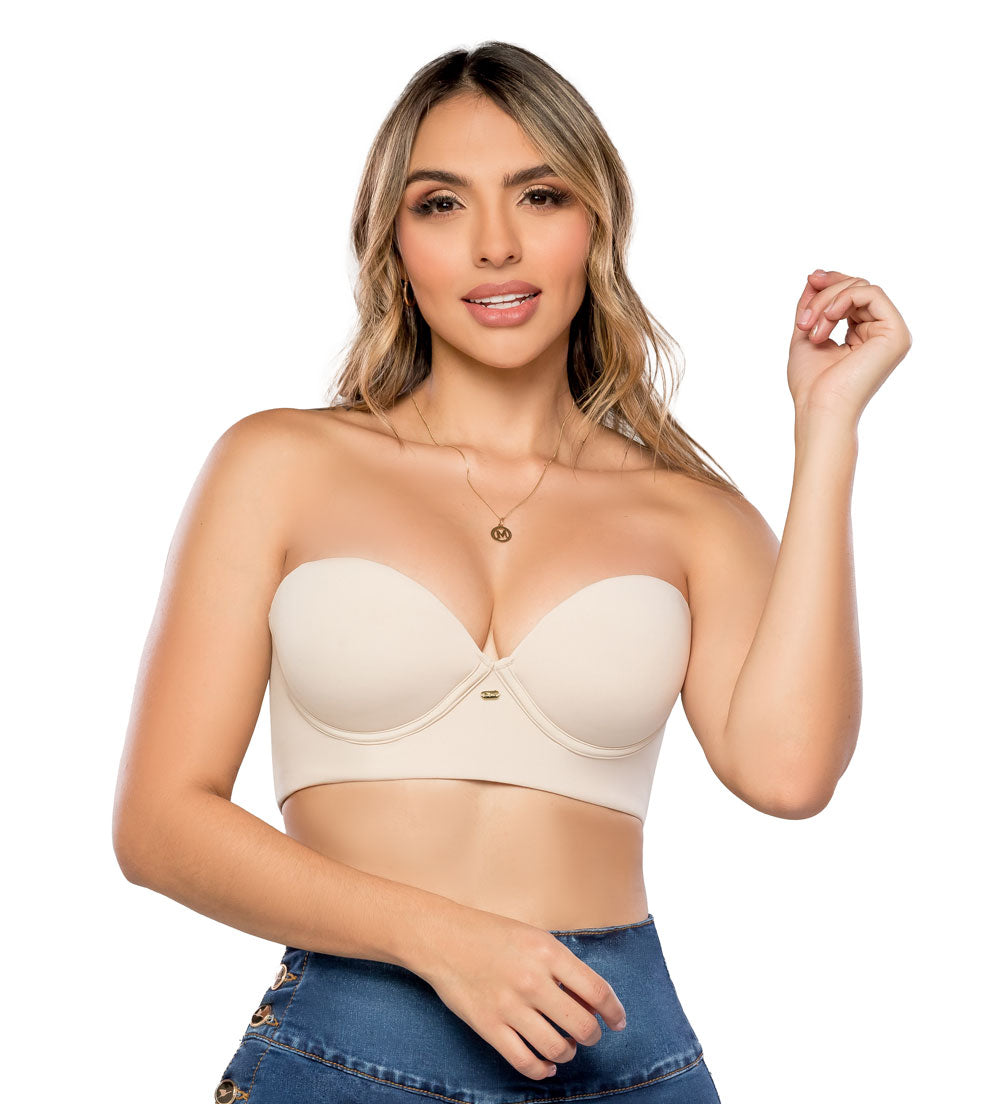 '- Brasier SMI03006 strapless negro con copas completas
- Vista posterior con broche de varios niveles
- Brasier beige liso con control de espalda y banda elástica