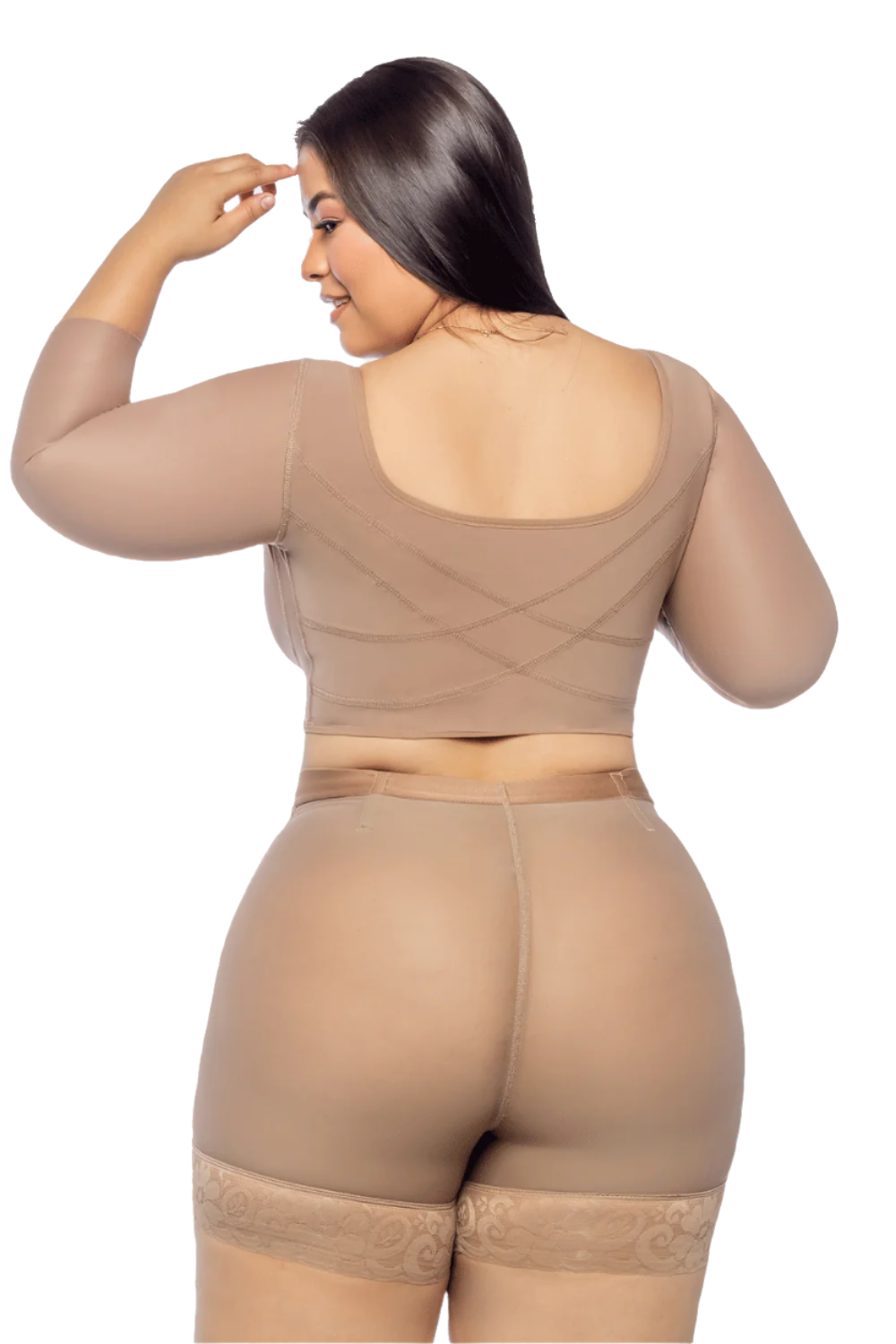 Modeladora de brazos y espalda con bra incorporado, cubre rollitos debajo del busto. Incluye tres líneas de broches, ideal para uso posquirúrgico y diario, con vitamina E color cocoa