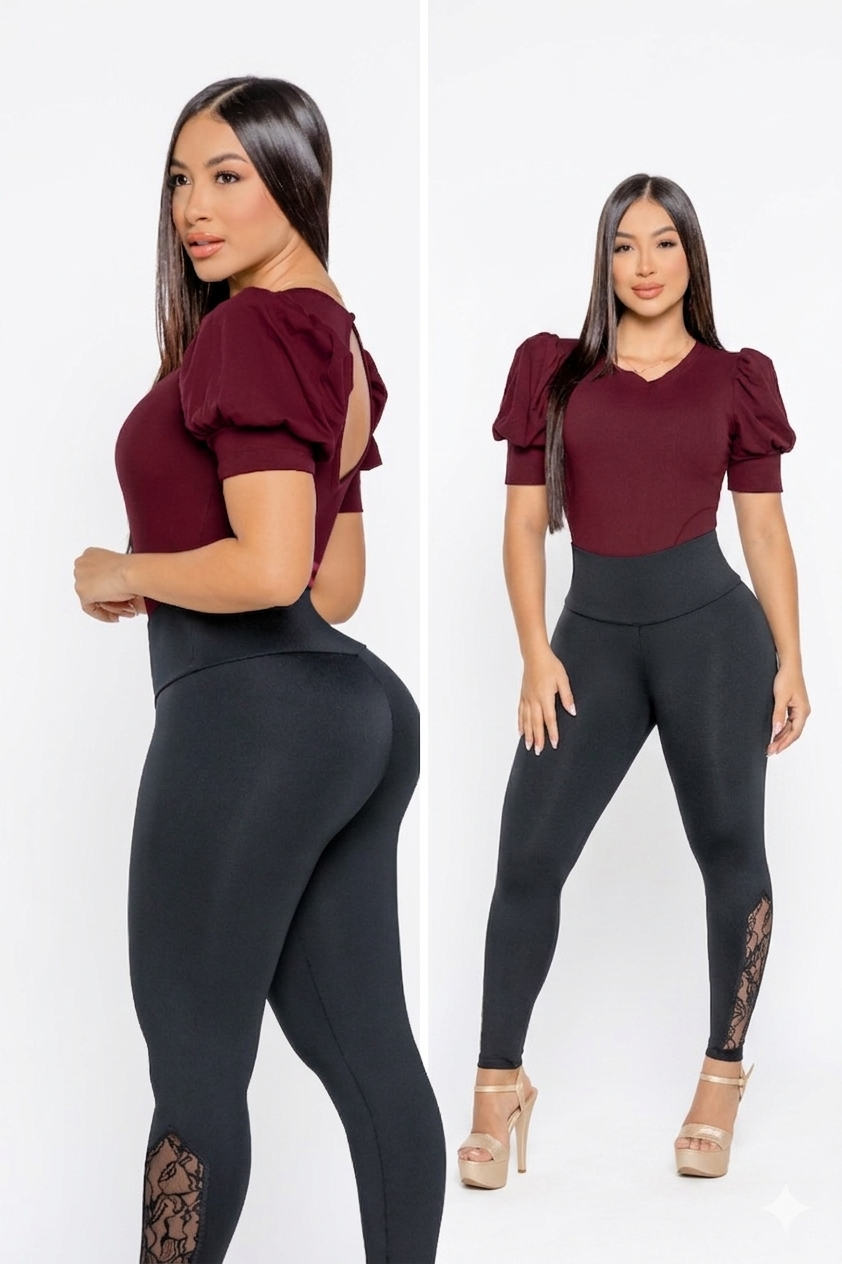 Leggings Tiro Alto con Detalle de Encaje Inferior - Black - SMI1368