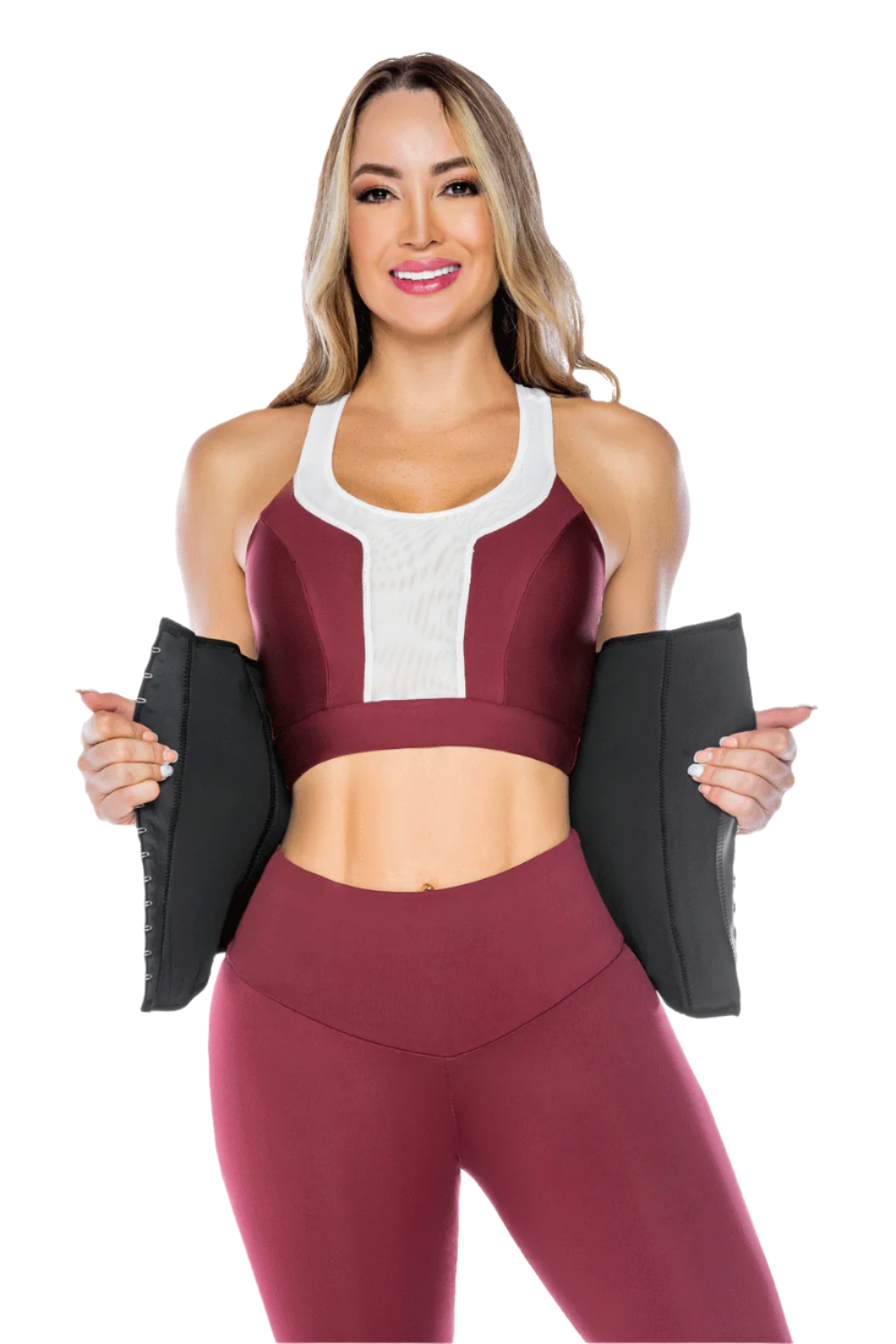 '- Cinturilla térmica negra SMI2004 con broches multinivel
- Vista lateral del waist trainer con efecto reductor
- Interior con textura de algas marinas para moldeo y suavidad