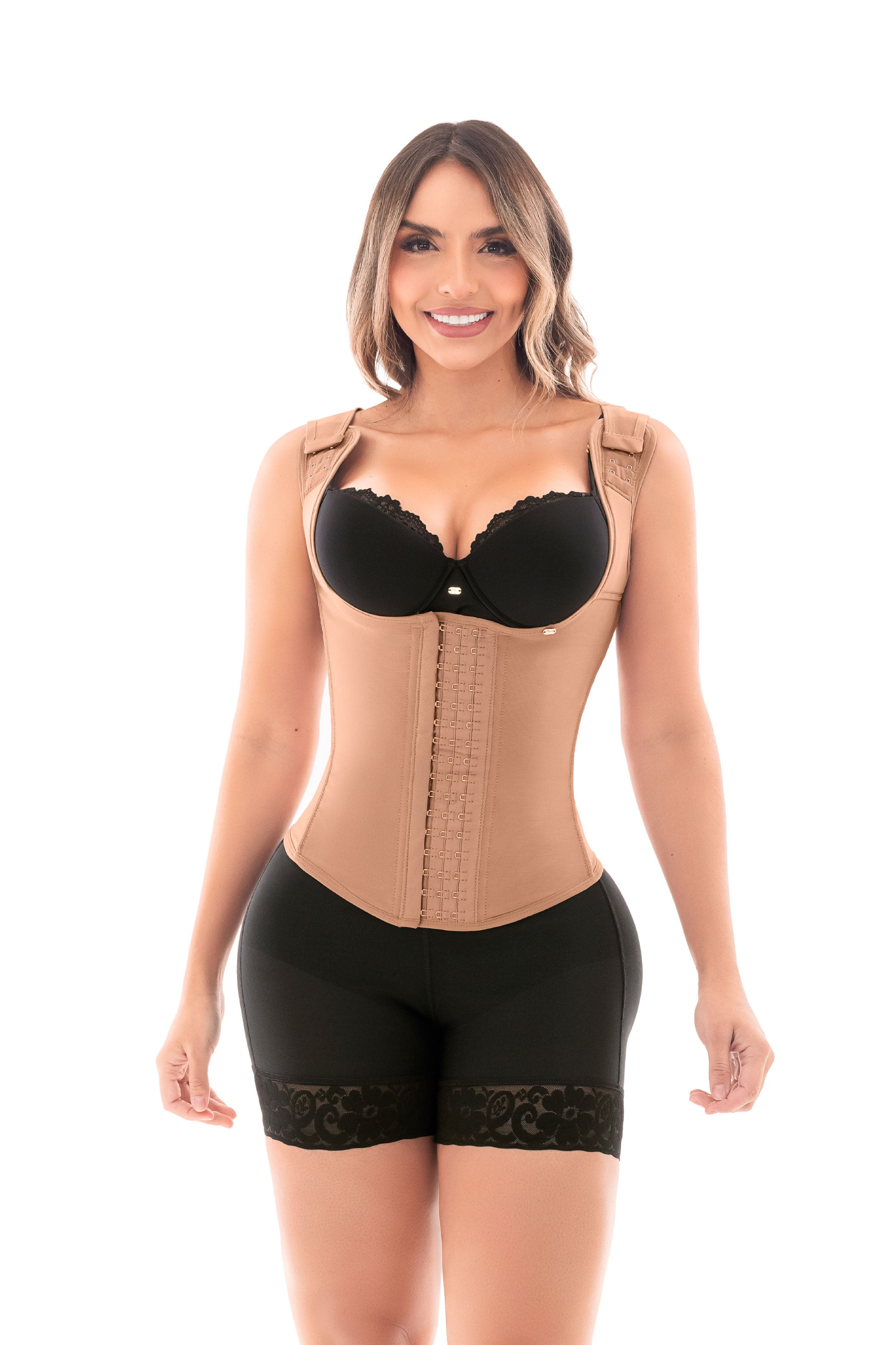 '- Cinturilla tipo chaleco SMI2029 con espalda alta y broches
- Vista frontal con varillas moldeadoras y compresión abdominal
- Prenda reductora con 4 niveles de ajuste y diseño ergonómico