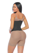 '- Cinturilla SMI2027 con efecto reloj de arena y ajuste de 4 niveles
- Vista frontal de cinturilla moldeadora con doble refuerzo y varillas
- Detalle de placa decorativa y costuras reforzadas en la SMI2027
