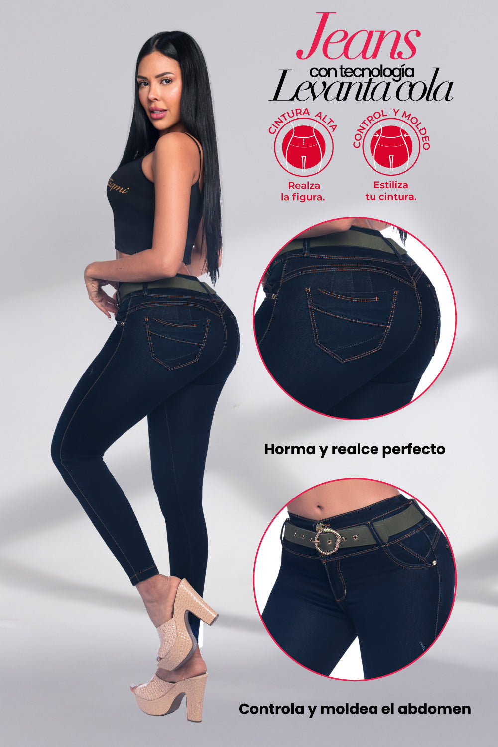 jeans push-up con correa, jeans moldeadores mujer, jeans control abdomen, jeans levanta cola, orma colombiana, jeans Stagmi