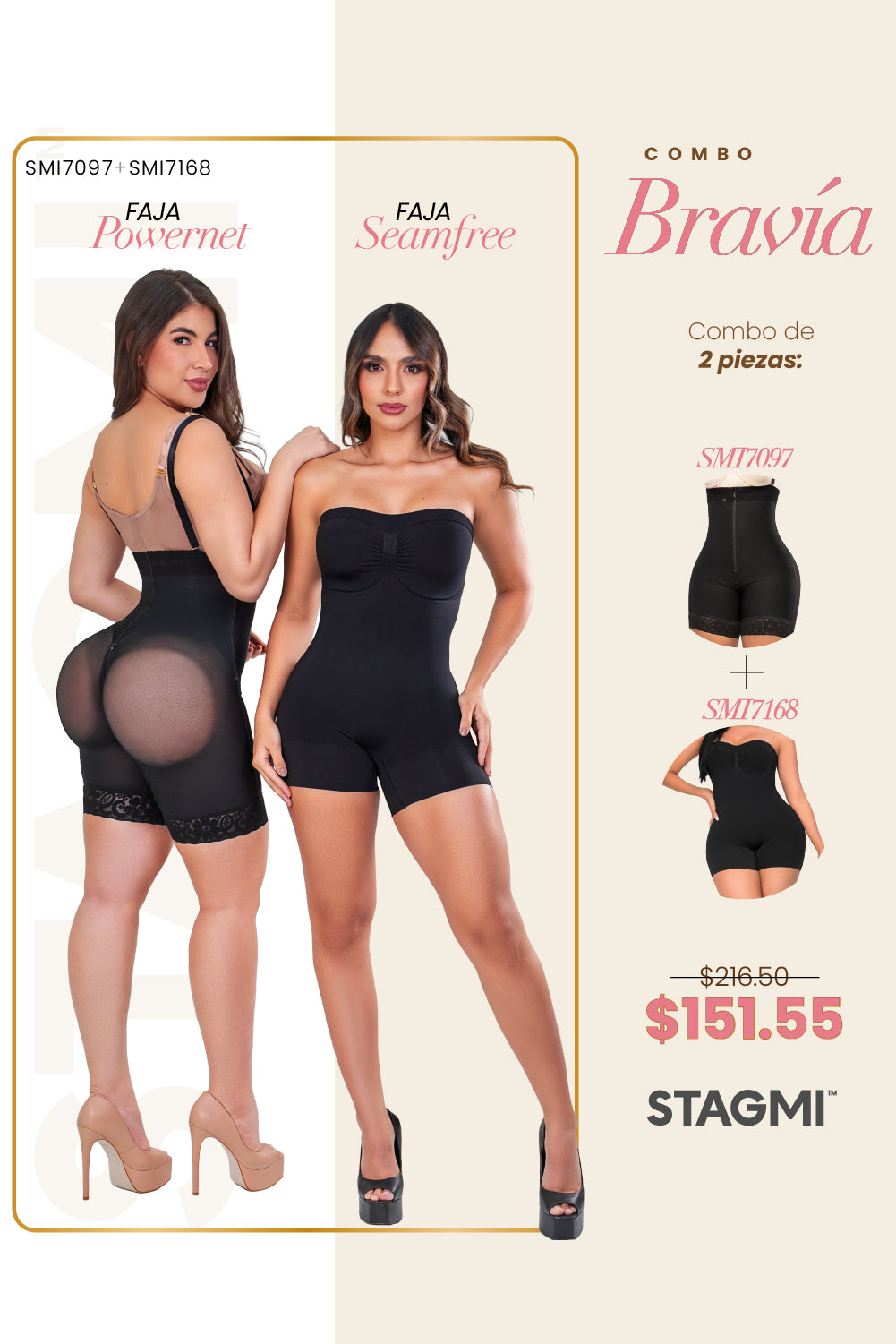 Combo de fajas moldeadoras Stagmi. Una faja Powernet de alta compresión y una Seamfree sin costuras, ideal para control total y realce de curvas.