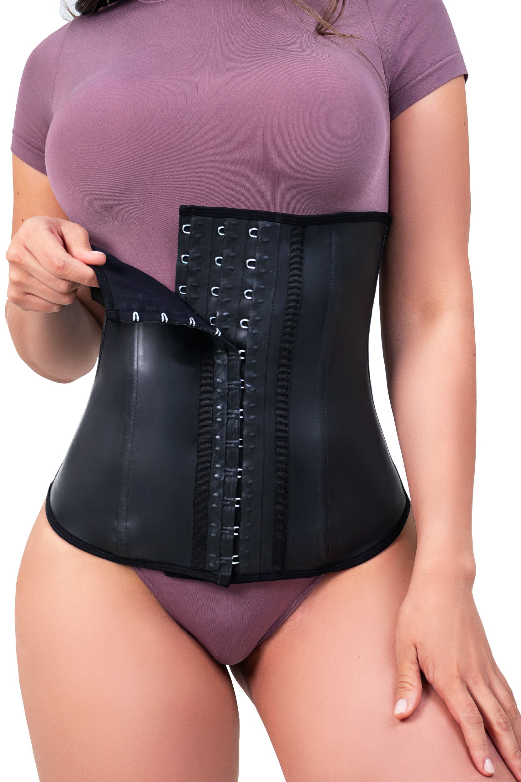 Faja tipo cinturilla negra compresión alta abdomen.
- Waist trainer látex negro moldeador con soporte lumbar.
- Cinturilla reductora de medidas para mujer con ajuste frontal.