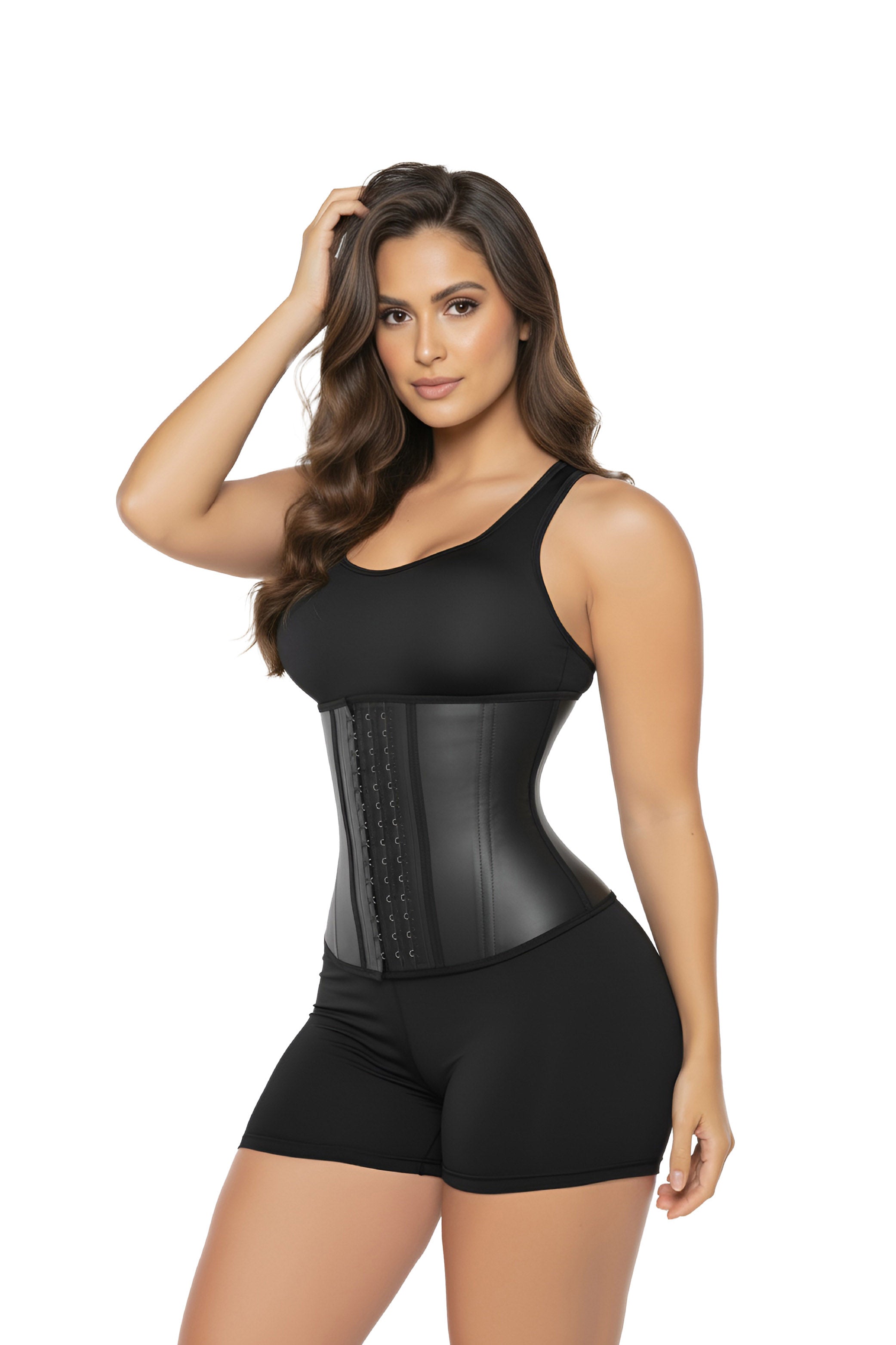 Faja tipo cinturilla negra compresión alta abdomen.
- Waist trainer látex negro moldeador con soporte lumbar.
- Cinturilla reductora de medidas para mujer con ajuste frontal.