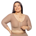 Modeladora de brazos y espalda con bra incorporado, cubre rollitos debajo del busto. Incluye tres líneas de broches, ideal para uso posquirúrgico y diario, con vitamina E color cocoa