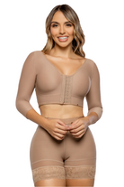 Modeladora de brazos y espalda con bra incorporado, cubre rollitos debajo del busto. Incluye tres líneas de broches, ideal para uso posquirúrgico y diario, con vitamina E color cocoa