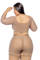 Modeladora de brazos y espalda con bra incorporado, cubre rollitos debajo del busto. Incluye tres líneas de broches, ideal para uso posquirúrgico y diario, con vitamina E color cocoa