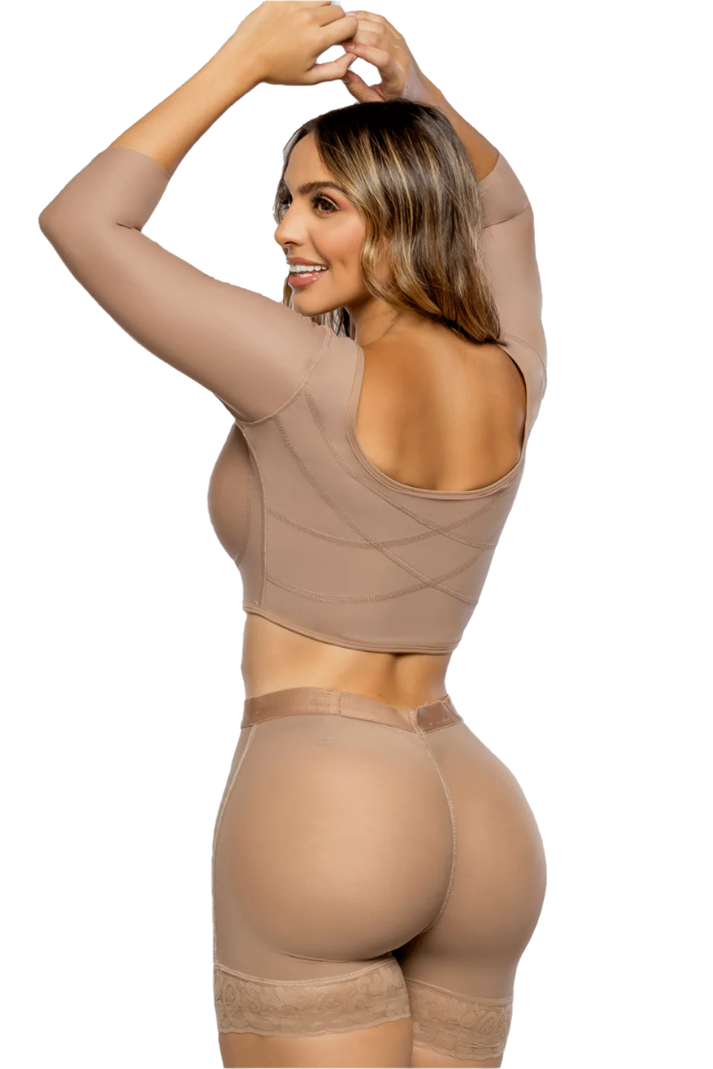 Modeladora de brazos y espalda con bra incorporado, cubre rollitos debajo del busto. Incluye tres líneas de broches, ideal para uso posquirúrgico y diario, con vitamina E color cocoa