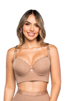 '- Brasier negro SMI03050 con encaje en escote y control de espalda
- Vista frontal de brasier liso con copas completas
- Tirantes anchos ajustables y broche trasero con niveles
