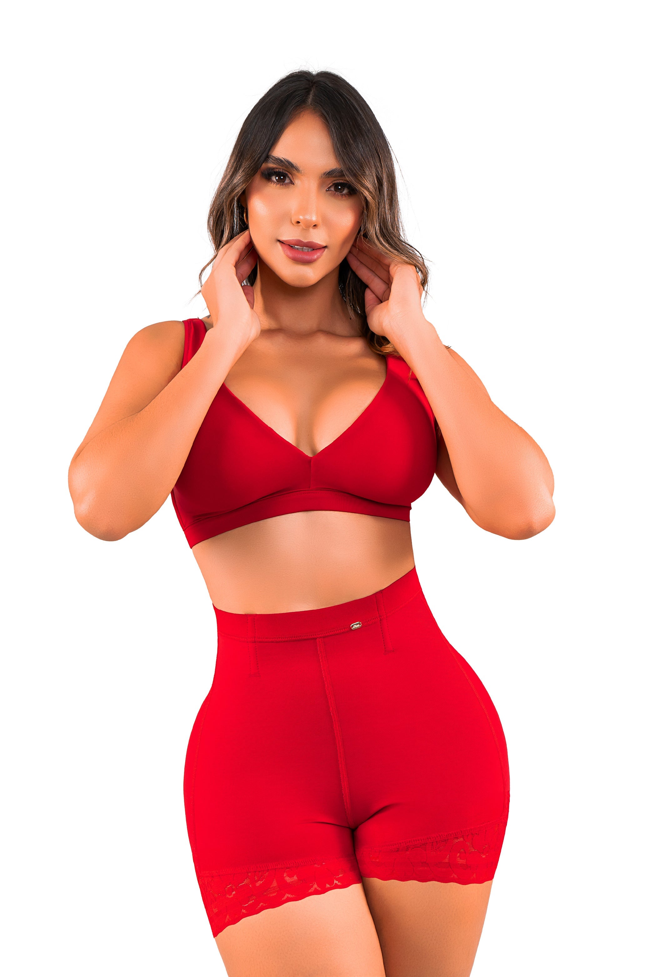 Red Grow 3-Piece Set – High Waist Butt Lift Shorts + Bralette + Tanga