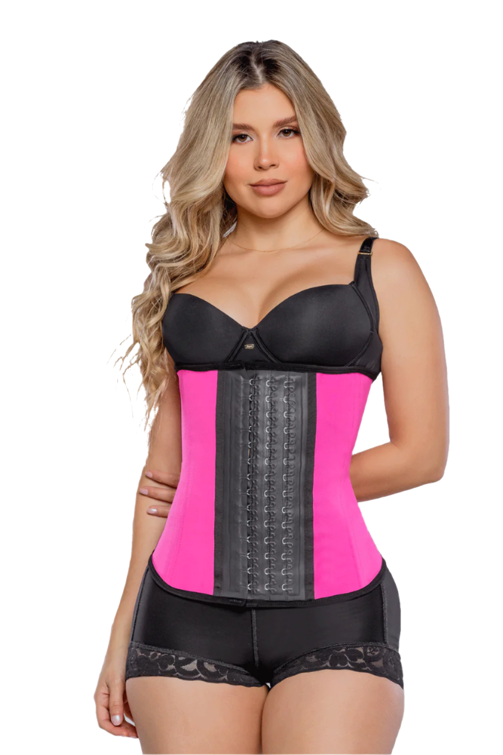 '- Cinturilla térmica SMI2002 fucsia en látex con broches
- Vista frontal con compresión en abdomen alto, medio y bajo
- Diseño deportivo con efecto reductor y soporte lumbar
