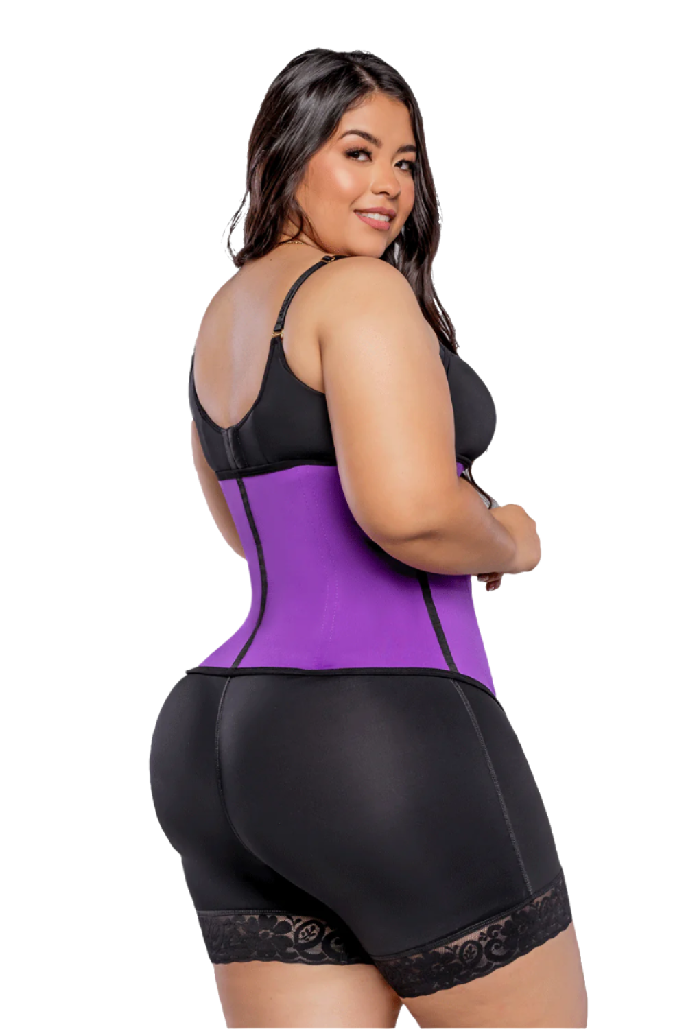 '- Cinturilla térmica SMI2003 color morado con látex y broches
- Vista lateral con soporte lumbar y compresión abdominal
- Entrenador de cintura en neopreno con efecto reductor
