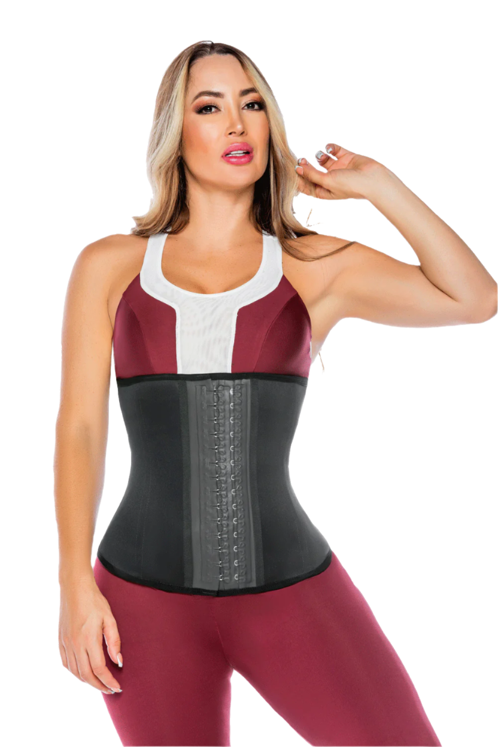 '- Cinturilla térmica negra SMI2004 con broches multinivel
- Vista lateral del waist trainer con efecto reductor
- Interior con textura de algas marinas para moldeo y suavidad
