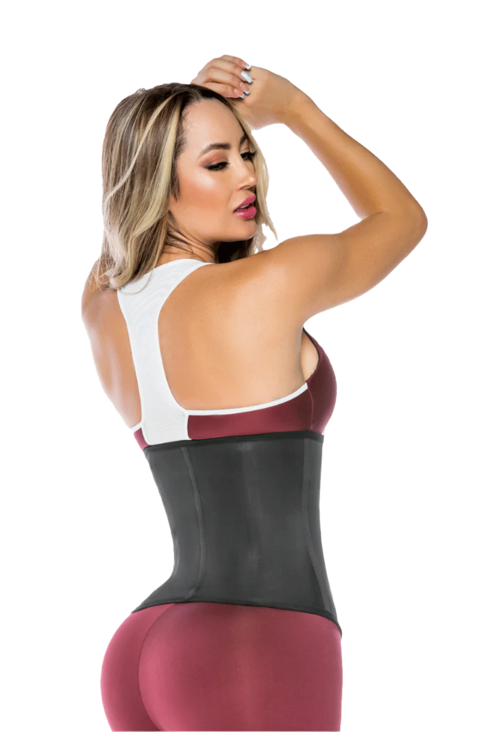 '- Cinturilla térmica negra SMI2004 con broches multinivel
- Vista lateral del waist trainer con efecto reductor
- Interior con textura de algas marinas para moldeo y suavidad
