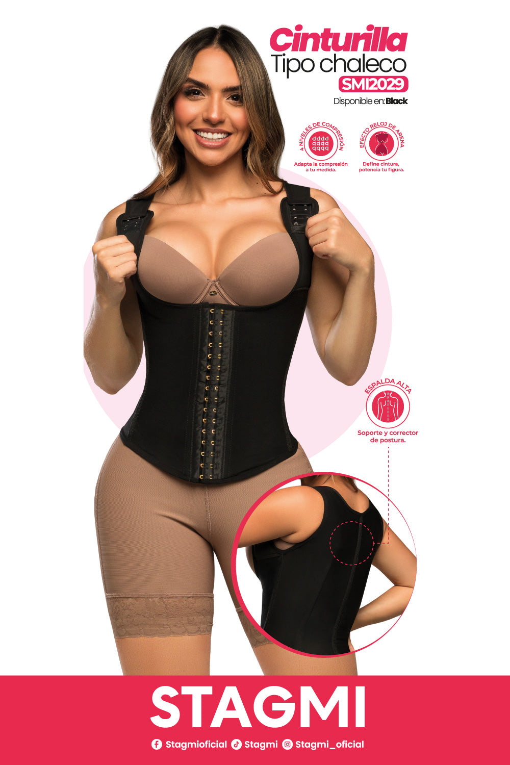 '- Cinturilla tipo chaleco SMI2029 con espalda alta y broches
- Vista frontal con varillas moldeadoras y compresión abdominal
- Prenda reductora con 4 niveles de ajuste y diseño ergonómico
