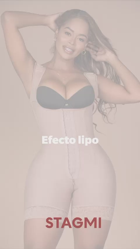 - Faja SMI7143 LA VOLUPTUOSA media pierna con efecto lipo y triple lifting
- Detalle frontal con broches y estructura con varillas de moldeo
- Vista posterior sin costuras y panty incluido
